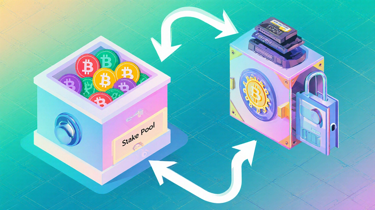 Akıllı sözleşmeye token gönderimi ve kilitli havuzdan düğüme staking akışı gösteren izometrik diyagram.