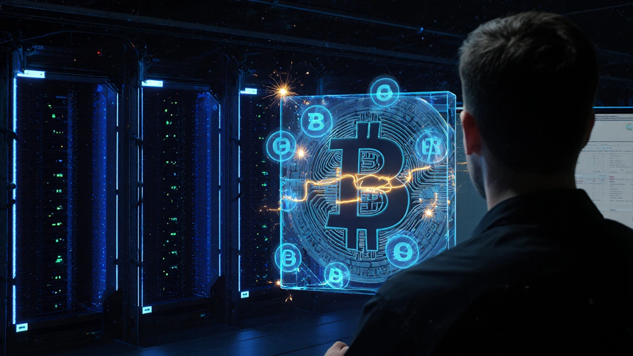 Bitcoin madencilik çiftliği ve holografik blok, çift harcamanın önlenişi.