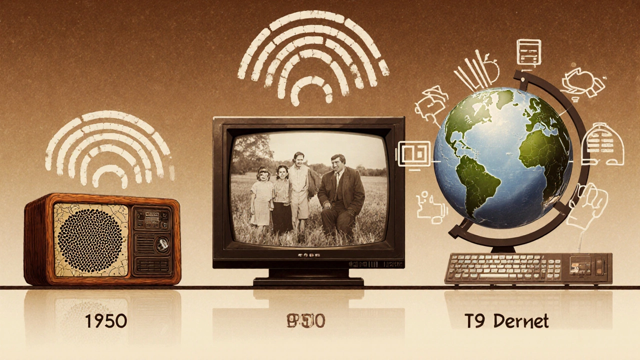 1920'ler radyo, 1950'ler TV ve 1990'lar interneti gösteren tarihsel kolaj.