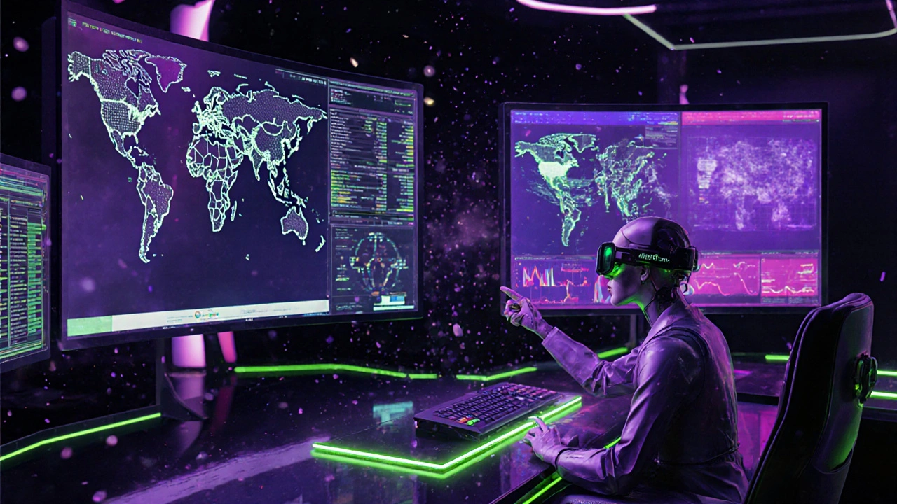 AI asistanıyla çalışan futuristik yayınci, neon ışıklarla çevrili.