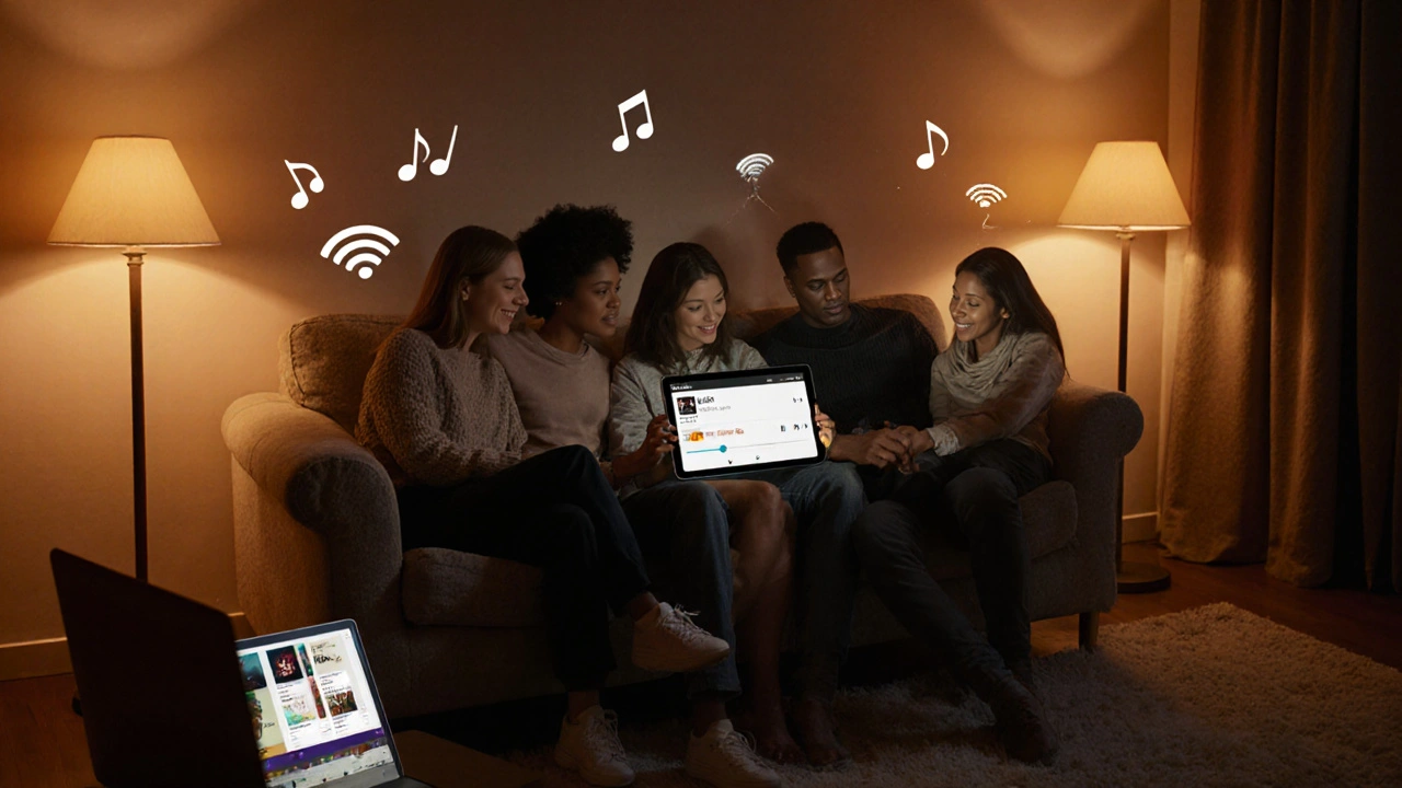 Aile ve arkadaşların oturduğu oturma odasında ortak müzik çalma ve offline indirme sahnesi.