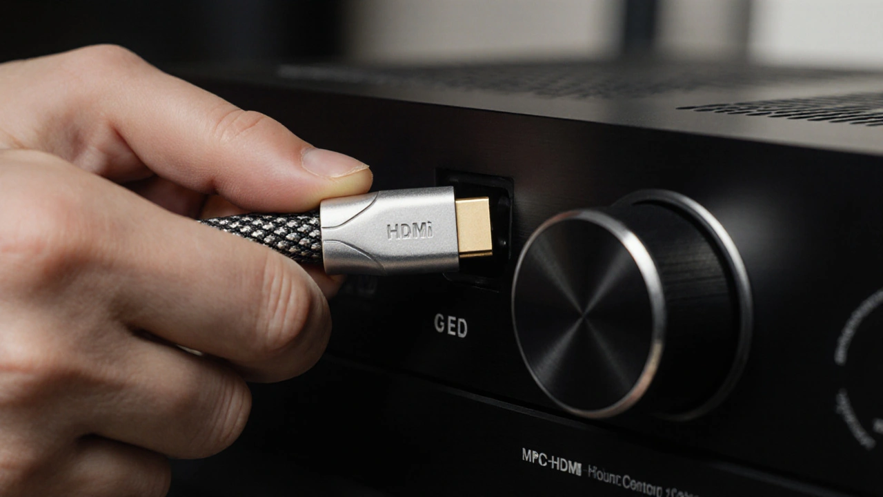AV alıcısına Ultra High Speed HDMI kablosu takan eller, kablo kalitesini vurgulayan yakın çekim.
