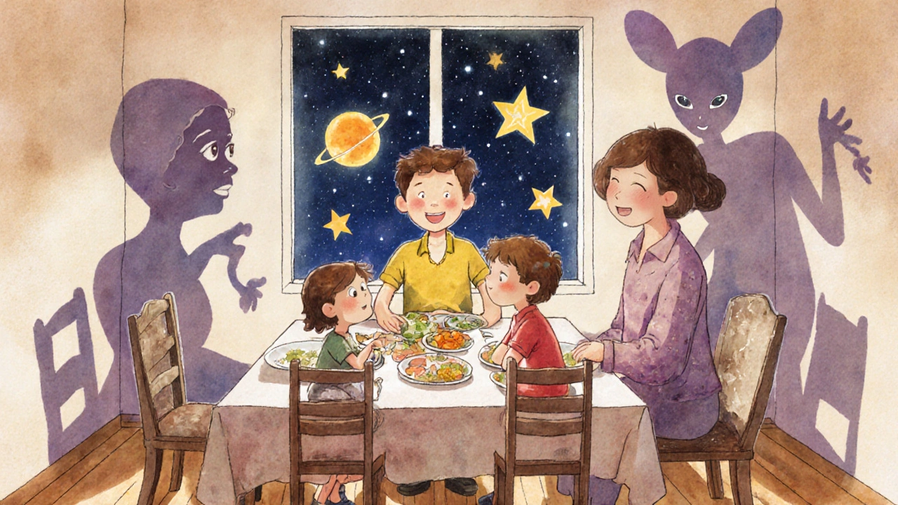 Bir aile yemek masasında, gölgeleri evrensel varlıklara dönüşüyor, pencereden yıldızlar görünüyor.