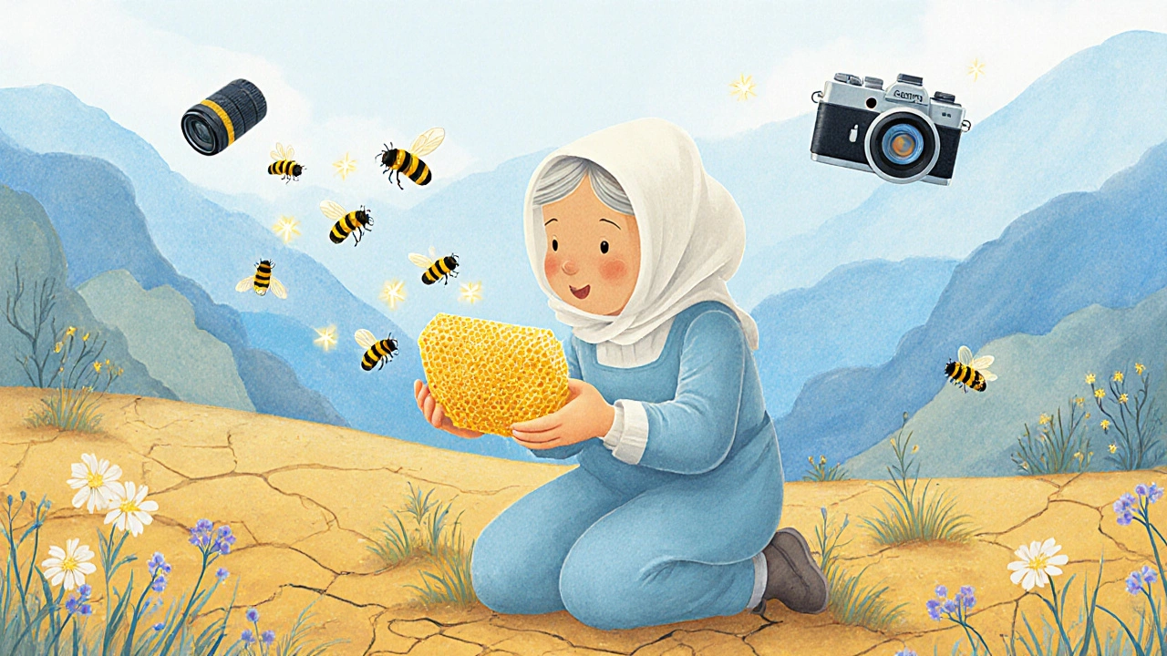 Bir arıcı, arılarla birlikte bal peteğini tutuyor, etrafında sessizlik ve doğa var.