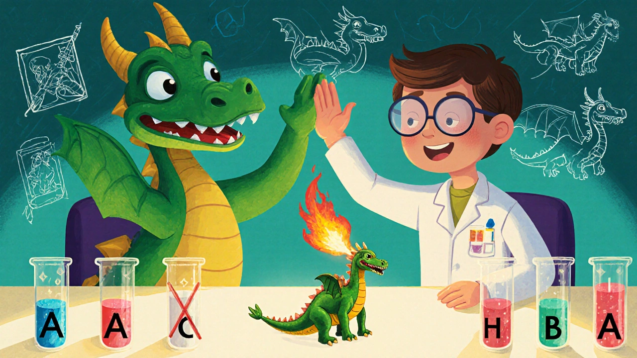 Bir bilim insanı ve ejderha, kimyasal deneylerin olduğu bir masada el sıkışıyor, çocuk kitabında bilimle büyüyü birleştiren bir sahne.