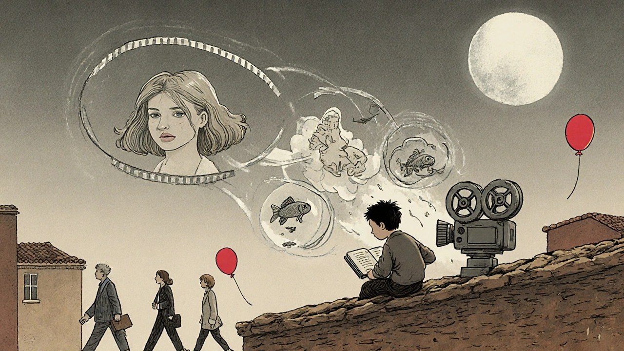 Bir çocuk, gökyüzünde uçuşan rüya görüntülerini çiziyor, altta ilgisiz yetişkinler var.