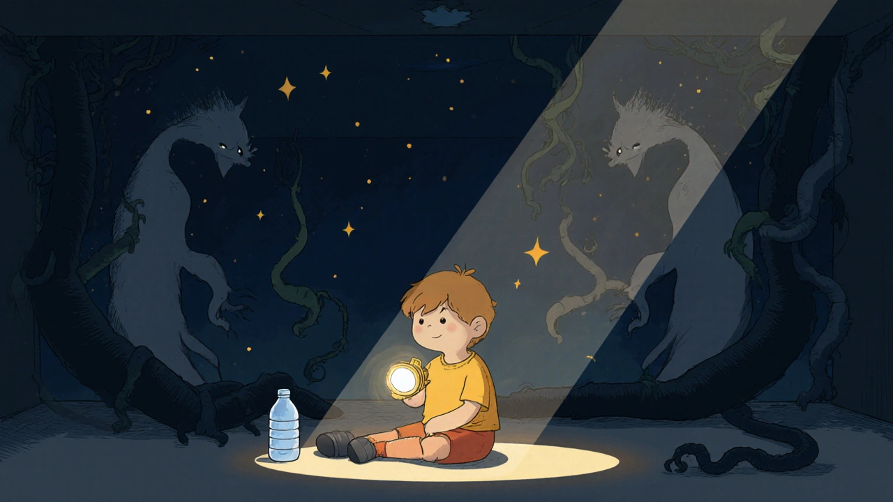 Bir çocuk karanlık odada bir fener tutuyor, gölgelerde gizli varlıklar beliriyor.