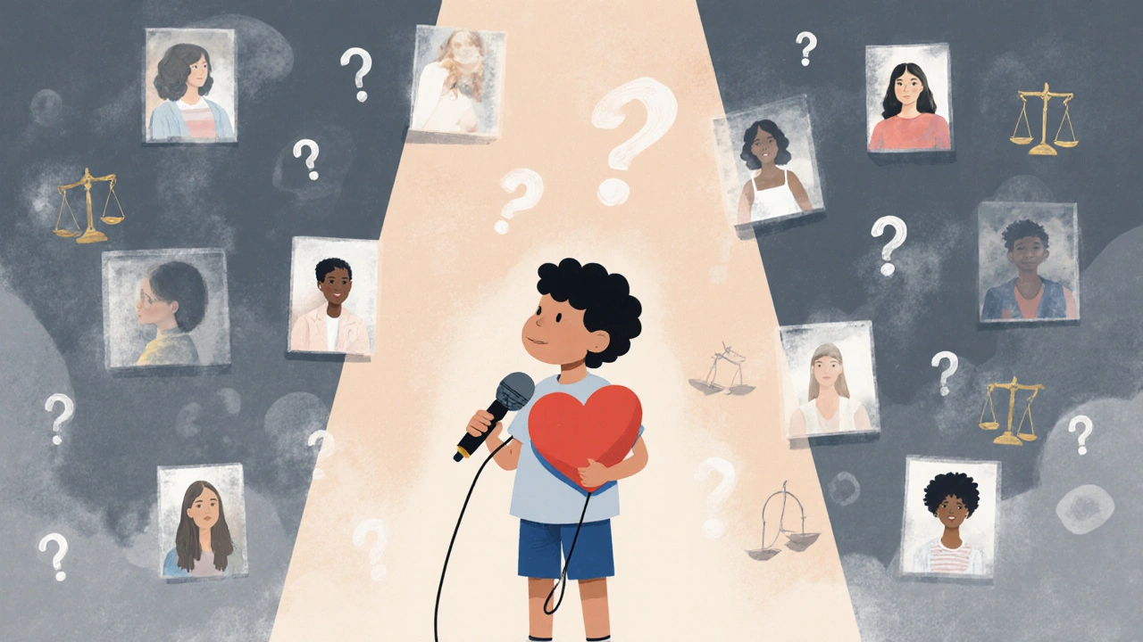 Bir çocuk mikrofon tutuyor, önünde sadece az sayıda net portre var, diğerleri bulanık ve solmuş.