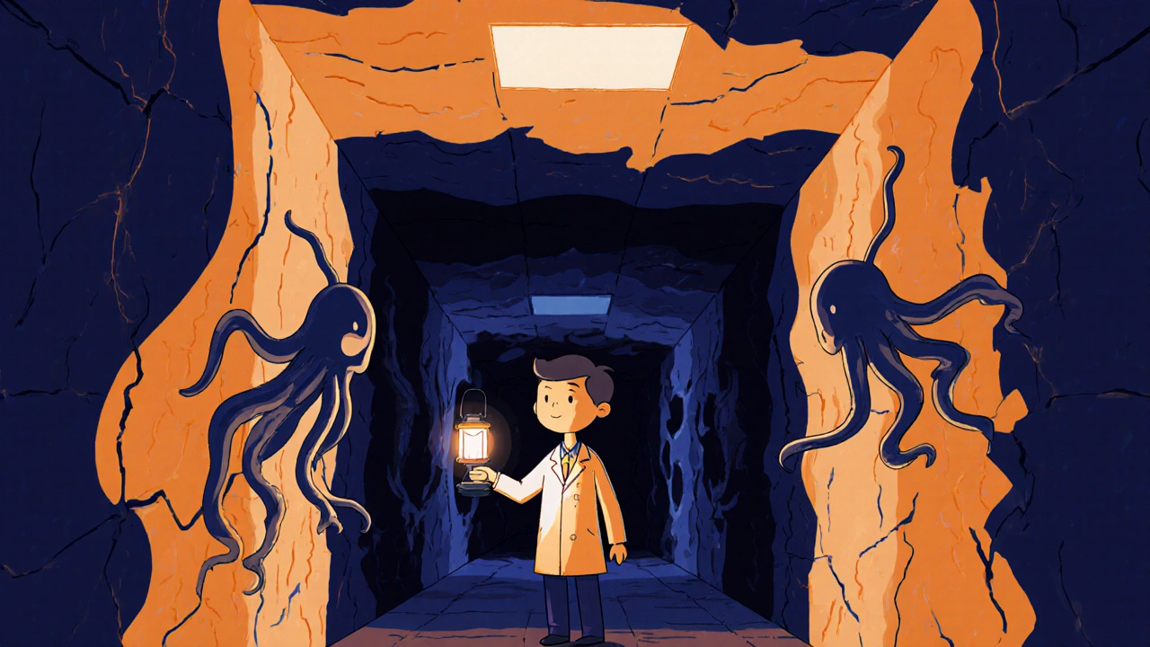 Bir doktor, karanlık bir hastane koridorunda ışık tutuyor, duvarlardan gizemli şekiller çıkıyor.