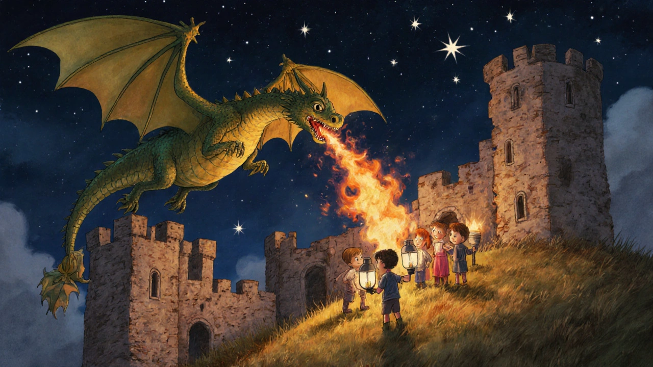 Bir ejderha, meşalelerle aydınlatılmış bir kaleyi yakarken, çocuklar fenerlerle izliyor, karanlıkta net bir ışıkla.