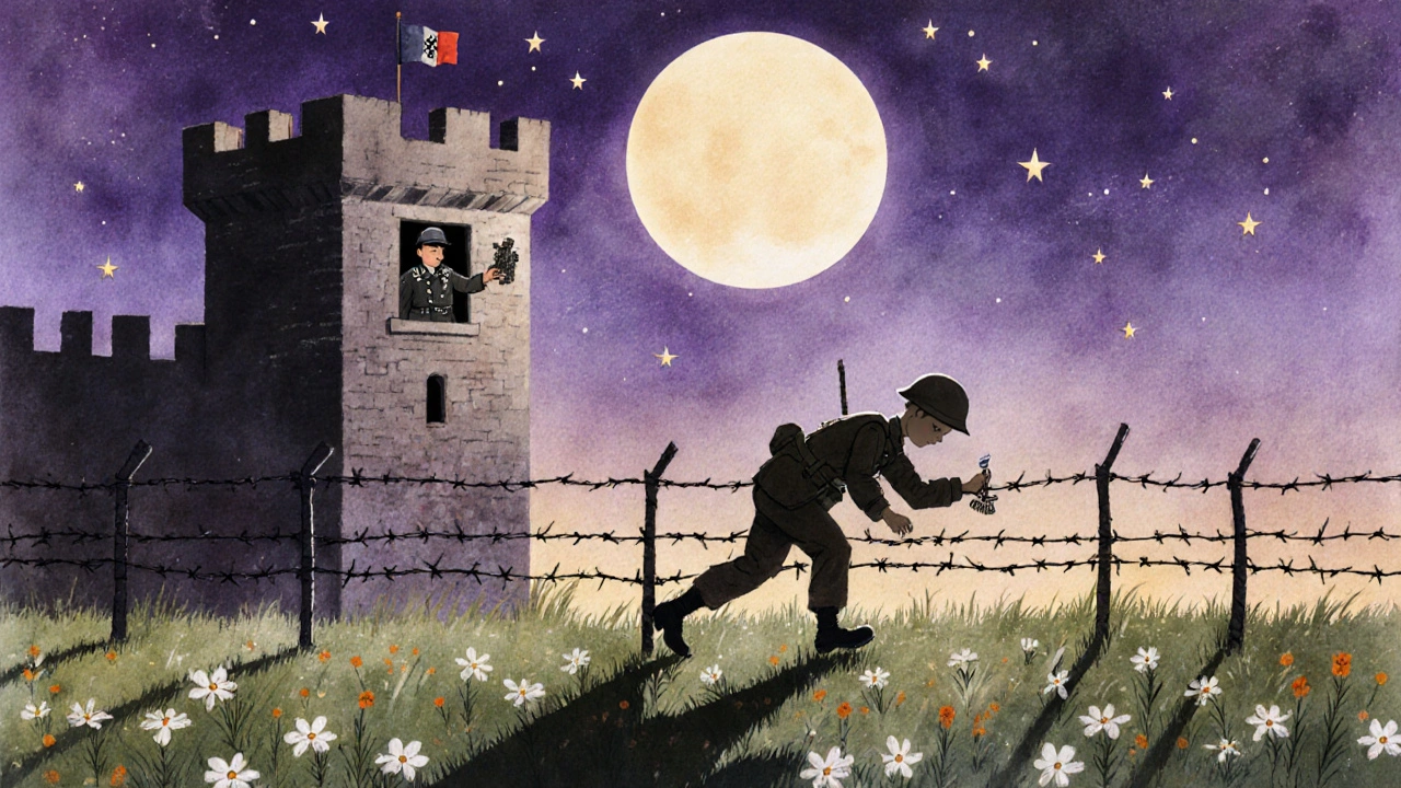 Bir Fransız askeri çitleğin üzerinden geçiyor, bir Alman bekçisi ona sigara ve harmonika veriyor.