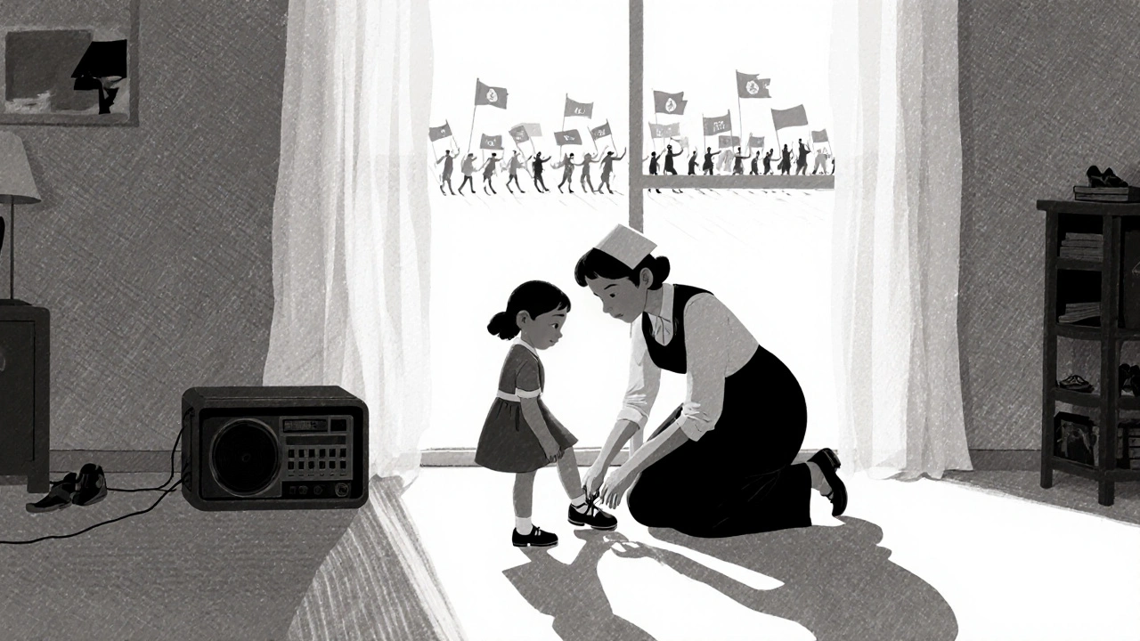 Bir hizmetkar, küçük bir kızın ayakkabı bağlamasına yardımcı oluyor, sessiz bir evde.