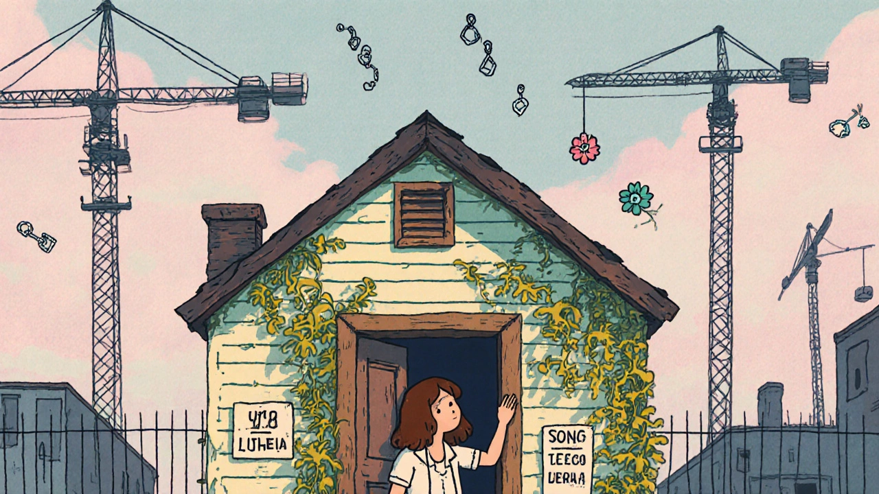 Bir kadın, eski evinin kapısında, inşaat krenleri ve çiçeklerle çevrili.