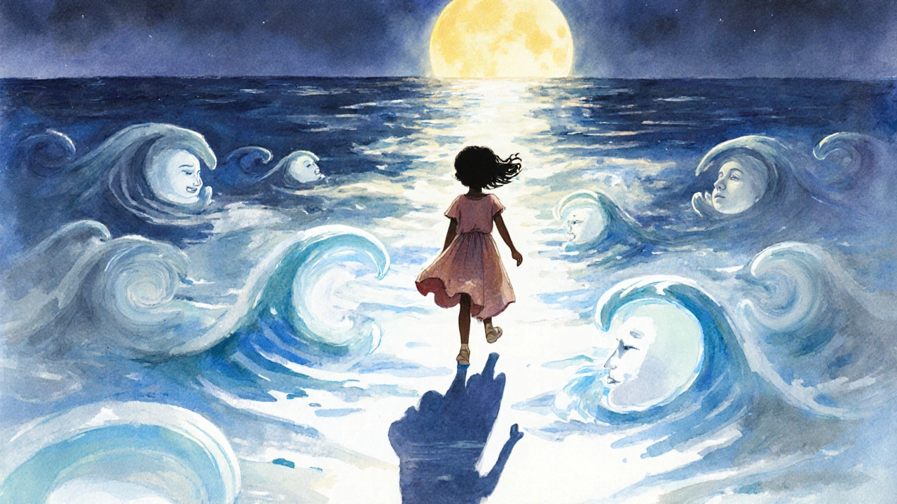 Bir kız, denizin üzerindeki ruhlarla birlikte yürüyor, gecenin ay ışığında.