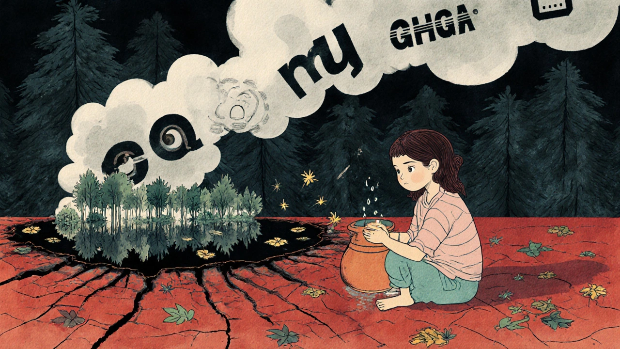 Bir yerli kız, Amazon'da yanmakta olan ormandan temiz su taşıyor, dumanın içinde şirket logoları görünüyor.