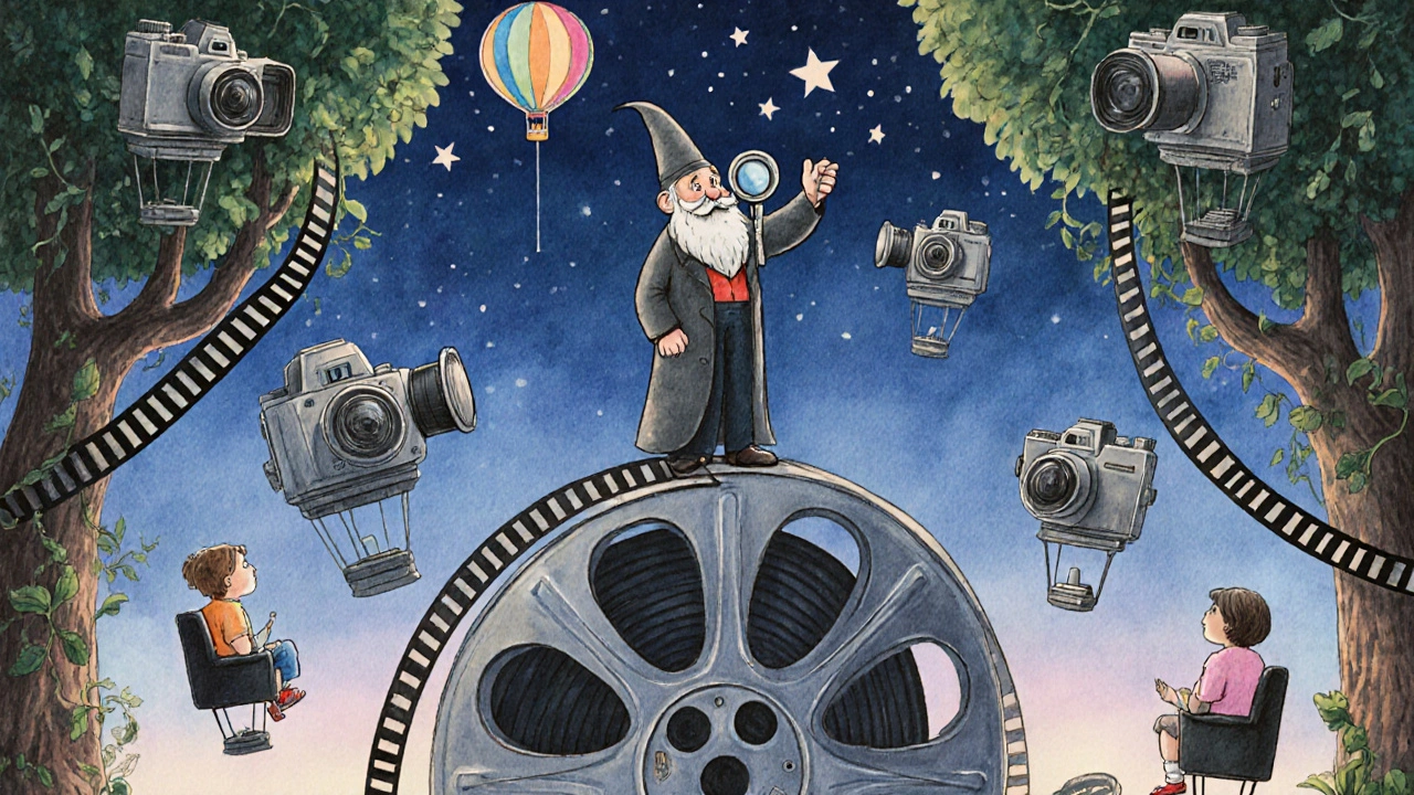 Bir yönetmen, IMAX projeksiyonları ve film şeritleriyle çevrili, çocuksu bir dünyada.