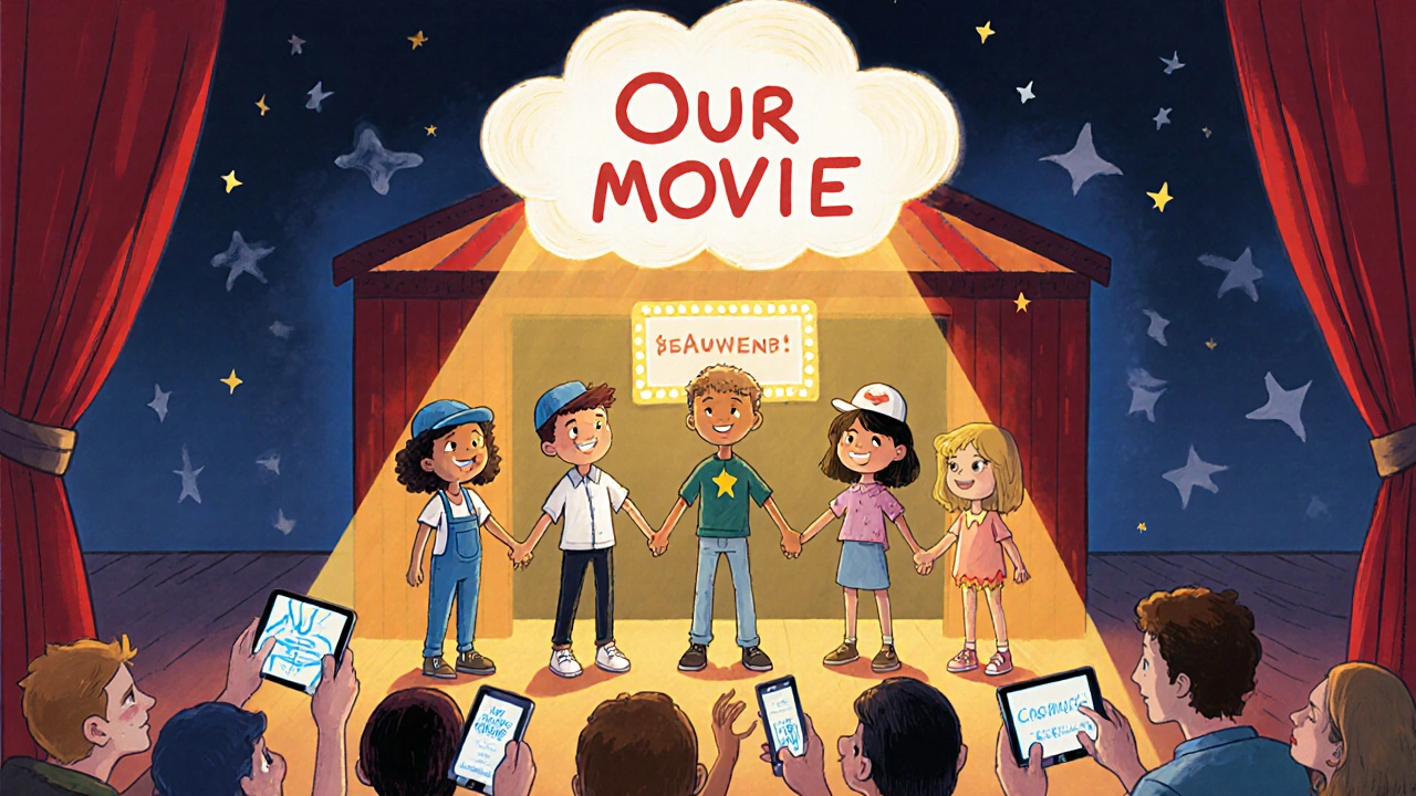 Çocuklar bir dairede, ellerinde farklı film ekip üniformalarıyla, küçük bir sinemada kendi filmlerini izleyen bir toplulukla.