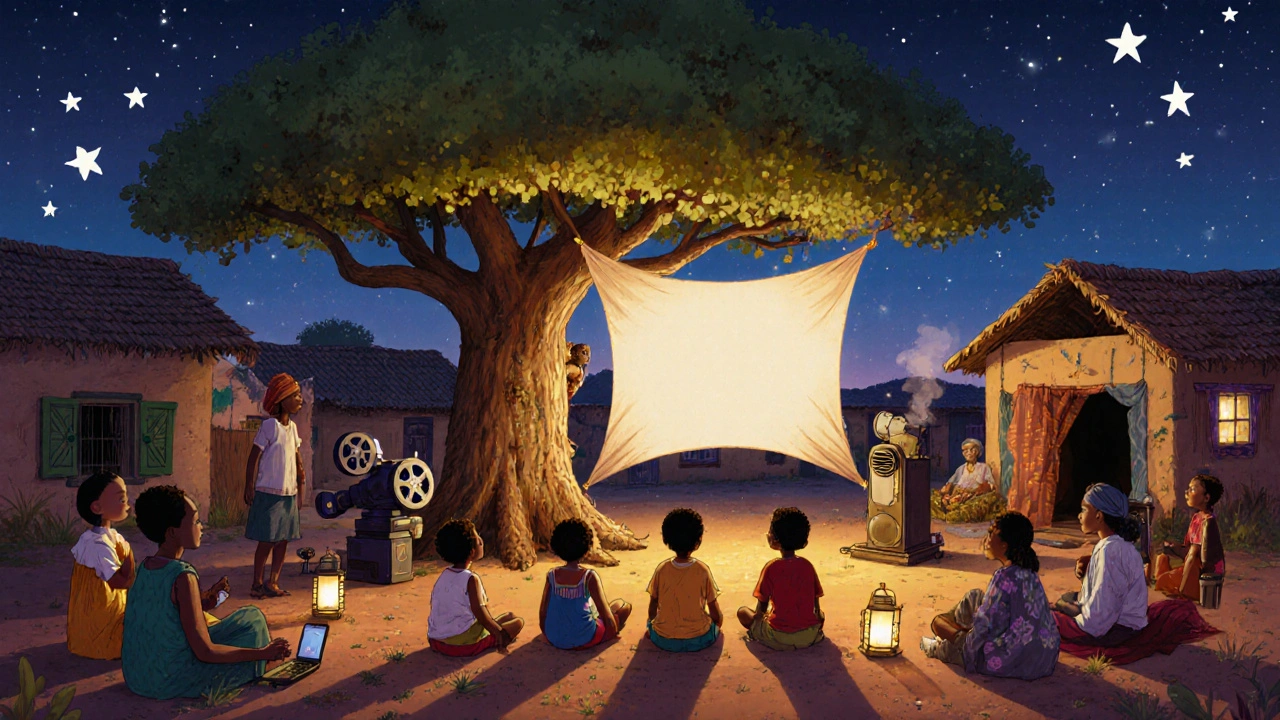 Çocuklar ve yetişkinler, köyde bir film izliyor, eski ve yeni teknoloji bir arada.