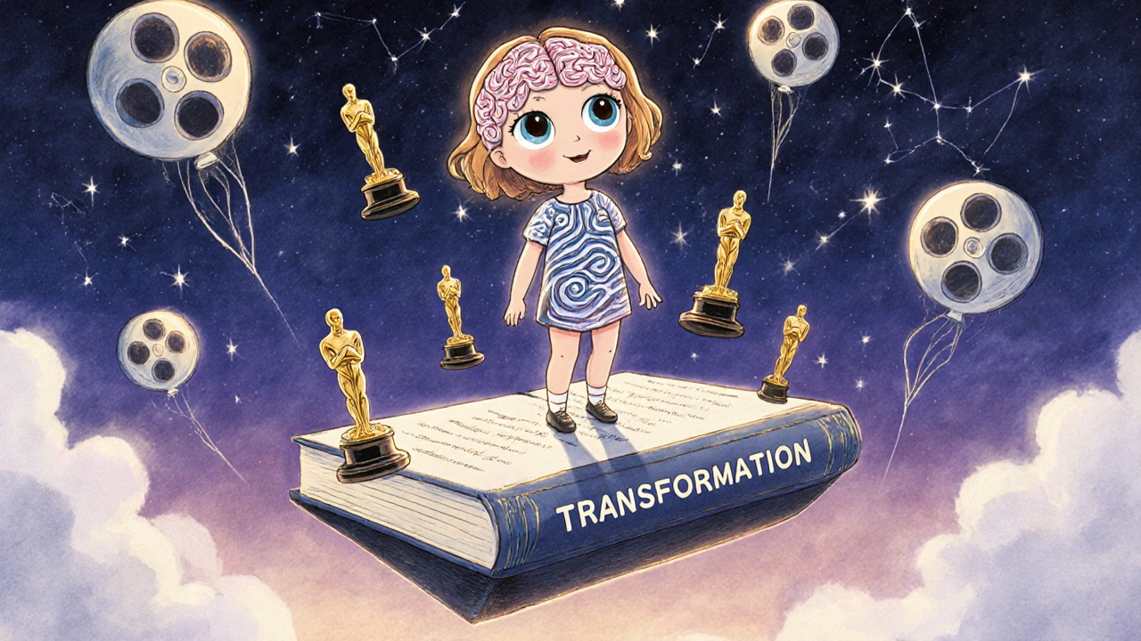 Emma Stone, Bella Baxter olarak zihnin dönüşümünü temsil ediyor, etrafında Oscar ve Golden Globe balonları.