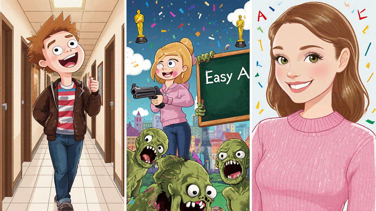 Emma Stone, üç farklı film rolünde: lise öğrencisi, zombi avcısı ve okulda sosyal statü oynayan kız.