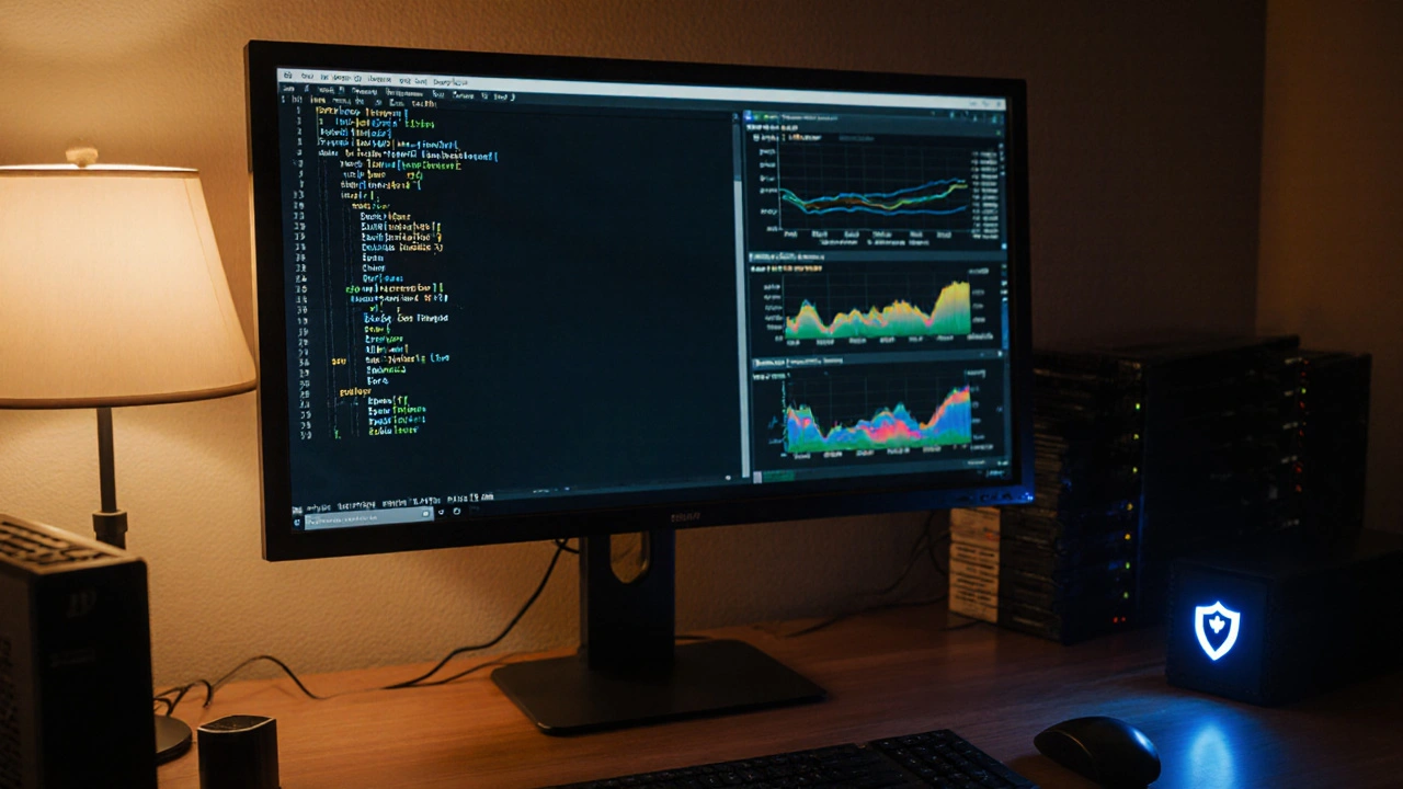 Ev ofisinde Linux terminali ve Grafana panosu ile node kurulumu.
