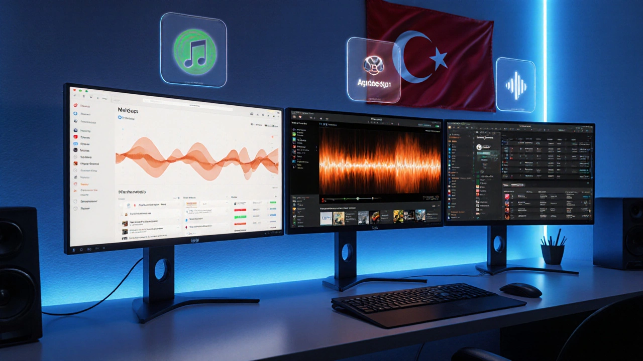 Ev ofisinde üç ekranda farklı müzik servislerinin arayüzleri ve özellik ikonları.