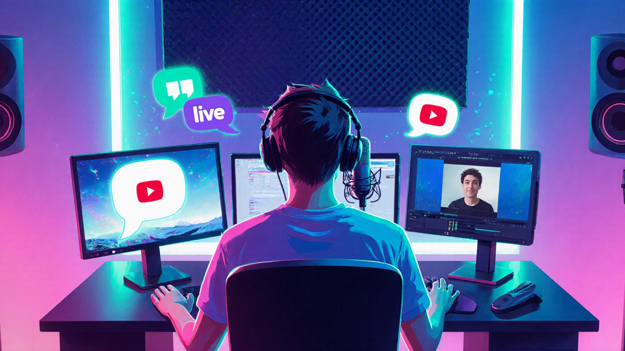Ev stüdyosunda bir yayıncı mikrofon ve iki ekranda YouTube Live ve Twitch izleyicileriyle.