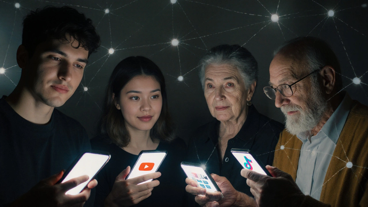 Farklı yaşlardan ve mesleklerden dört kişi, kendi mekanlarında canlı yayın yapıyor, ekran ışıklarıyla birbirine bağlanmış.