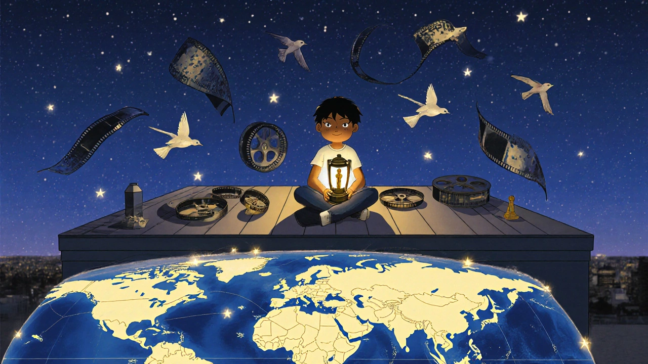 Genç bir yönetmen, yıldızlı bir gökyüzünde film rulolarından doğan kuşlarla birlikte oturuyor.