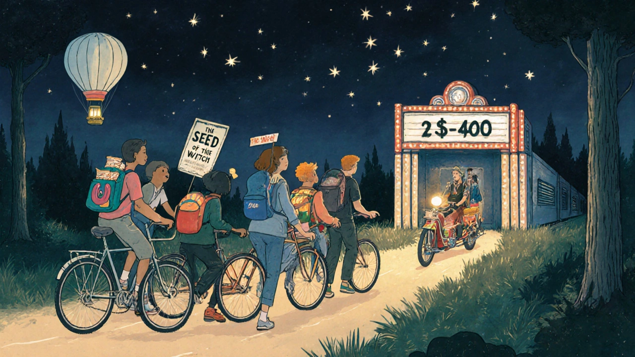 Genç izleyiciler farklı ulaşım araçlarıyla bir sinemaya doğru seyahat ediyor, sinema ışık yayıyor.