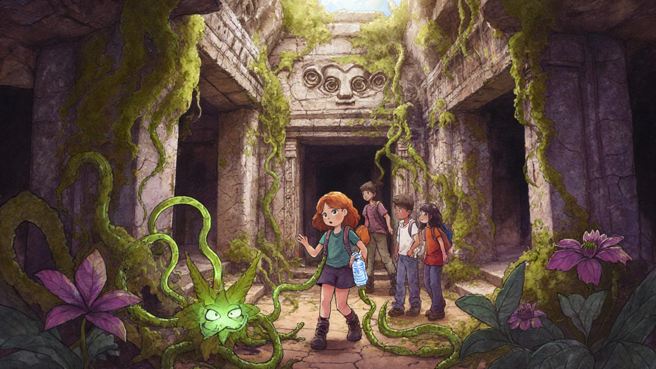 Gençler eski bir tapınakta, su şişesi boşalıyor ve etraflarında ışıklı bitkiler büyüyor.