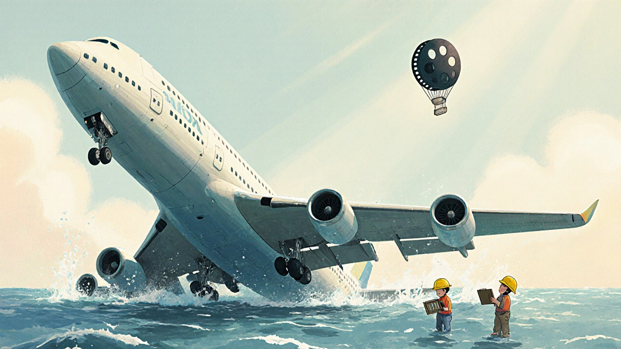 Gerçek bir uçağın denize devrildiği, küçük sinemacılarla bir sahne.
