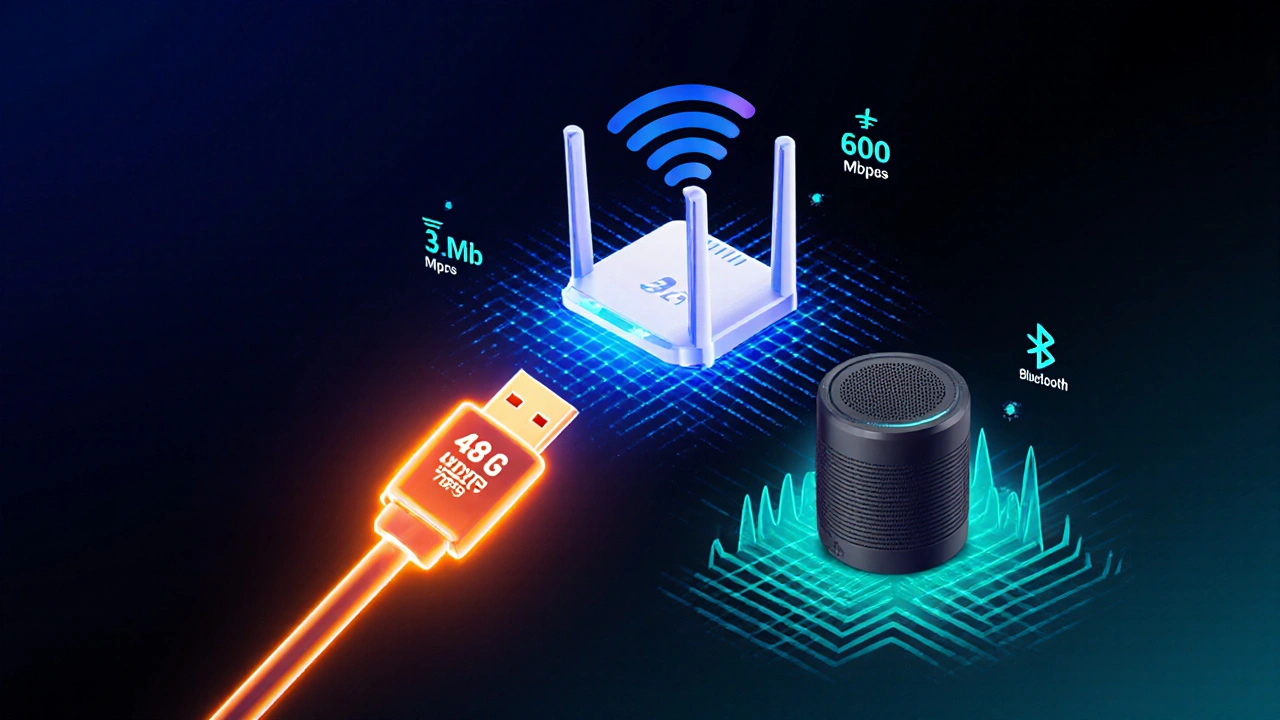 HDMI, Wi‑Fi ve Bluetooth'un bant genişliği ve gecikme farklarını soyut bir şekilde tasvir eden illüstrasyon.