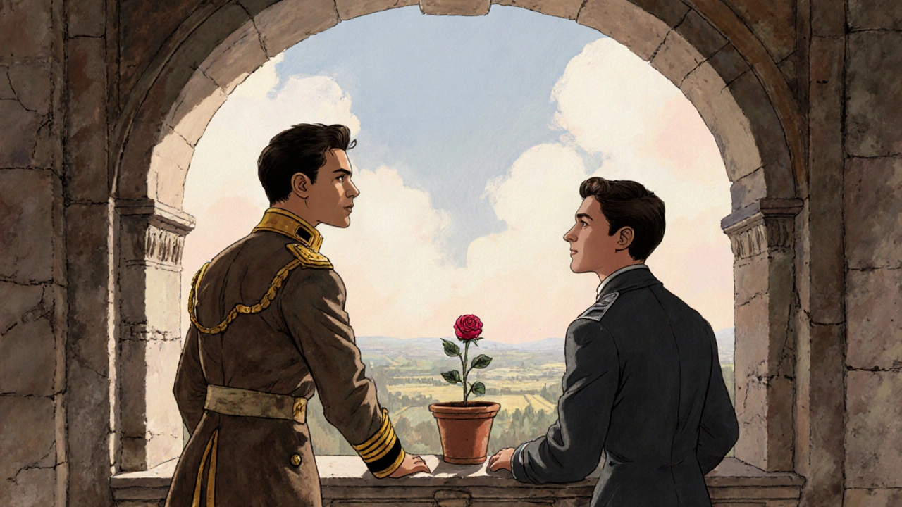 İki düşman subay, bir pencerenin yanında ortak bir manzarayı izliyor, silahsız ve sakin.