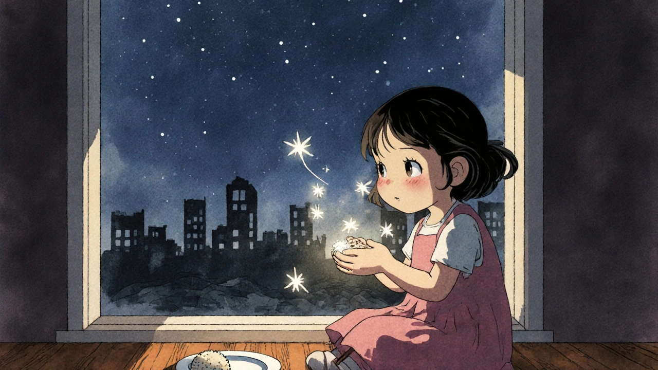 Küçük bir kız, elinde ateş böcekleriyle, yıkılmış bir şehir manzarasına bakıyor.