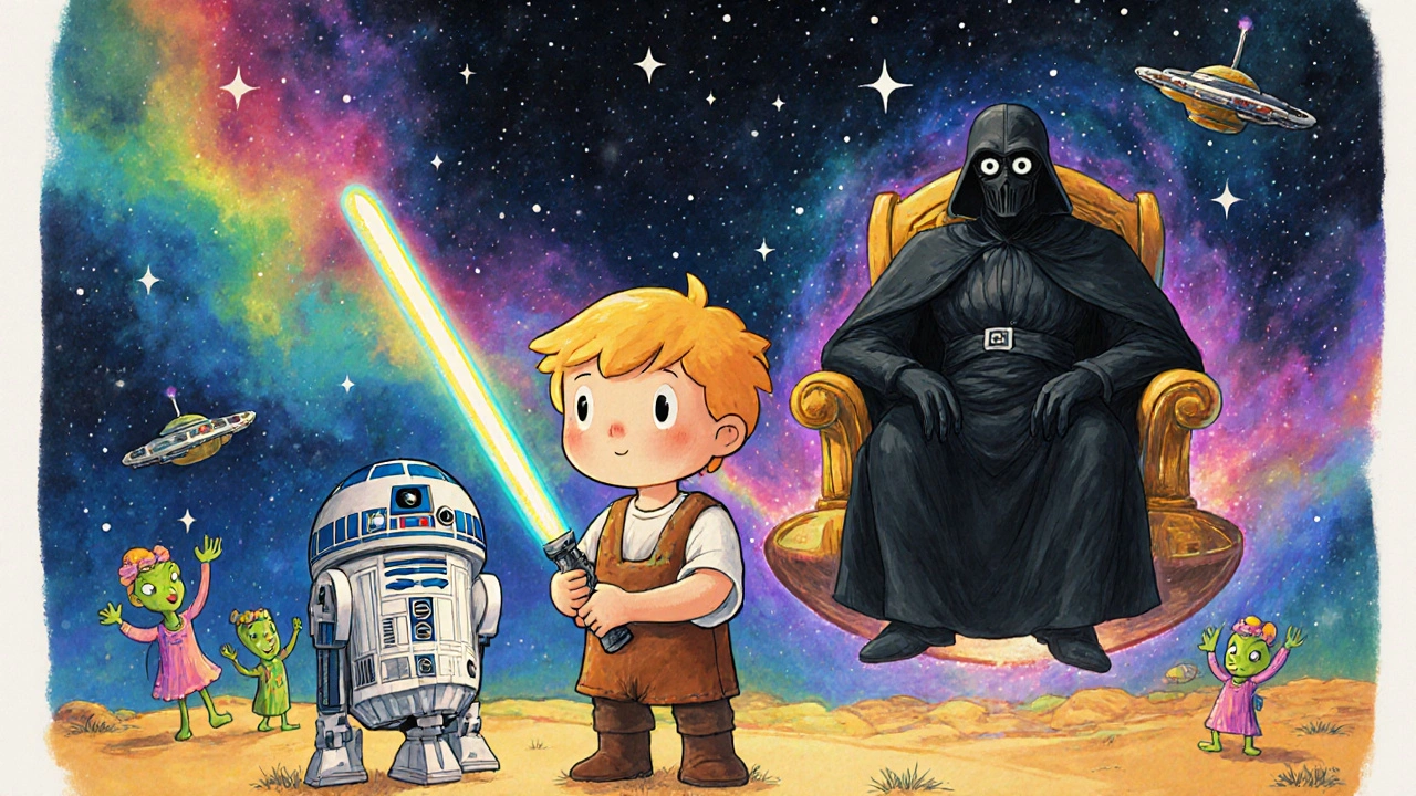 Küçük bir oğlan, dostça bir droidle birlikte ışık kılıcı tutuyor, karanlık imparator uzakta.