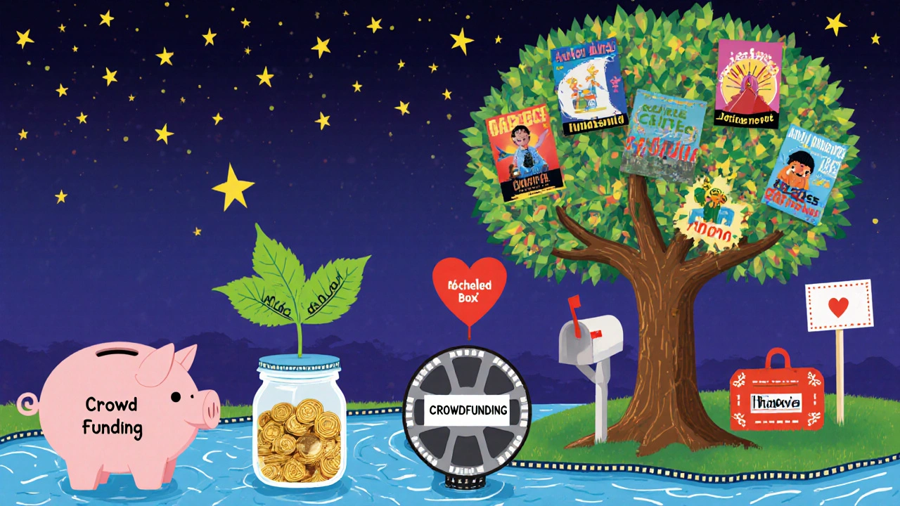 Küçük finansman kaynaklarından oluşan renkli bir mozaik, bir film rulosuna doğru akan bir nehir gibi.