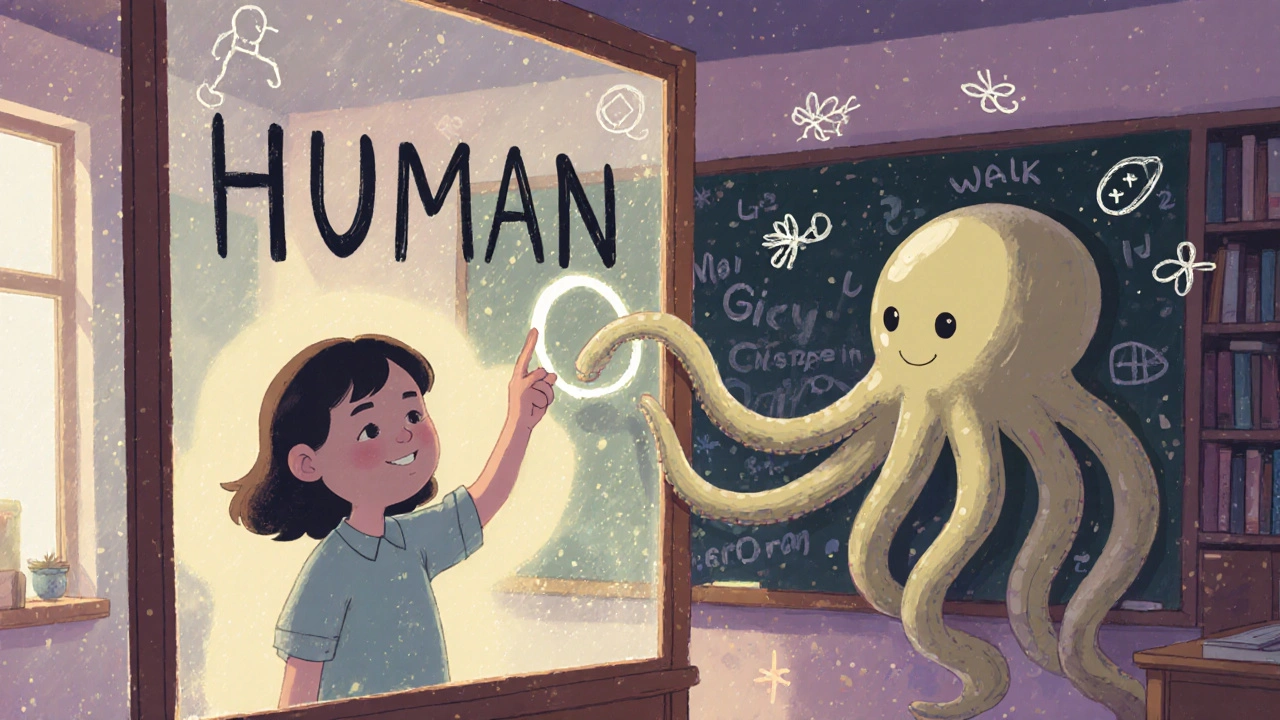 Louise, kendine &#039;İNSAN&#039; yazarken Heptapod bir varlıkla aynı sembolü hava çiziyor, etrafında küçük dil sembolleri yüzen bir sınıf.
