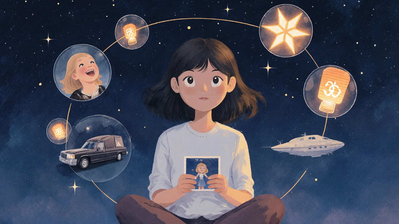 Louise, kızının anılarıyla çevrili, geçmiş ve gelecek zamanın ışık balonları gibi dönen dairesel sembollerle bir yıldızlı gökyüzünde oturuyor.