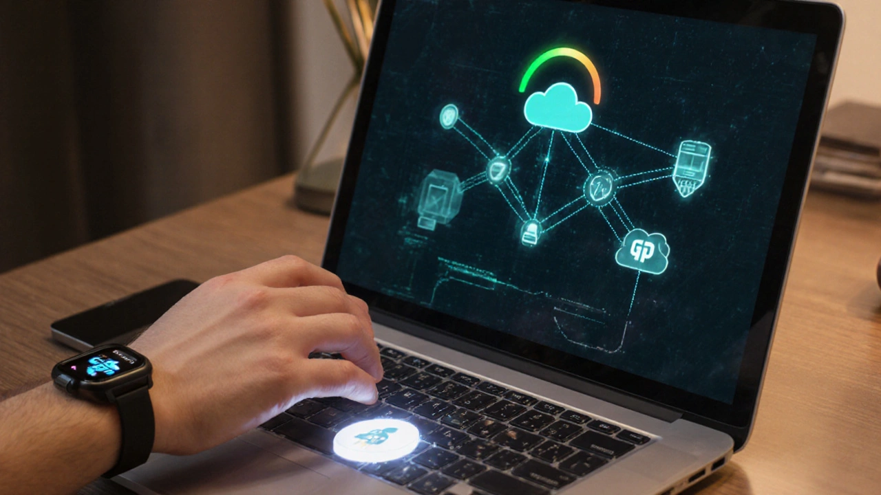 MetaMask uzantısına tıklayan el ve IPFS ağ diyagramı gösteren bir laptop yakın planı.