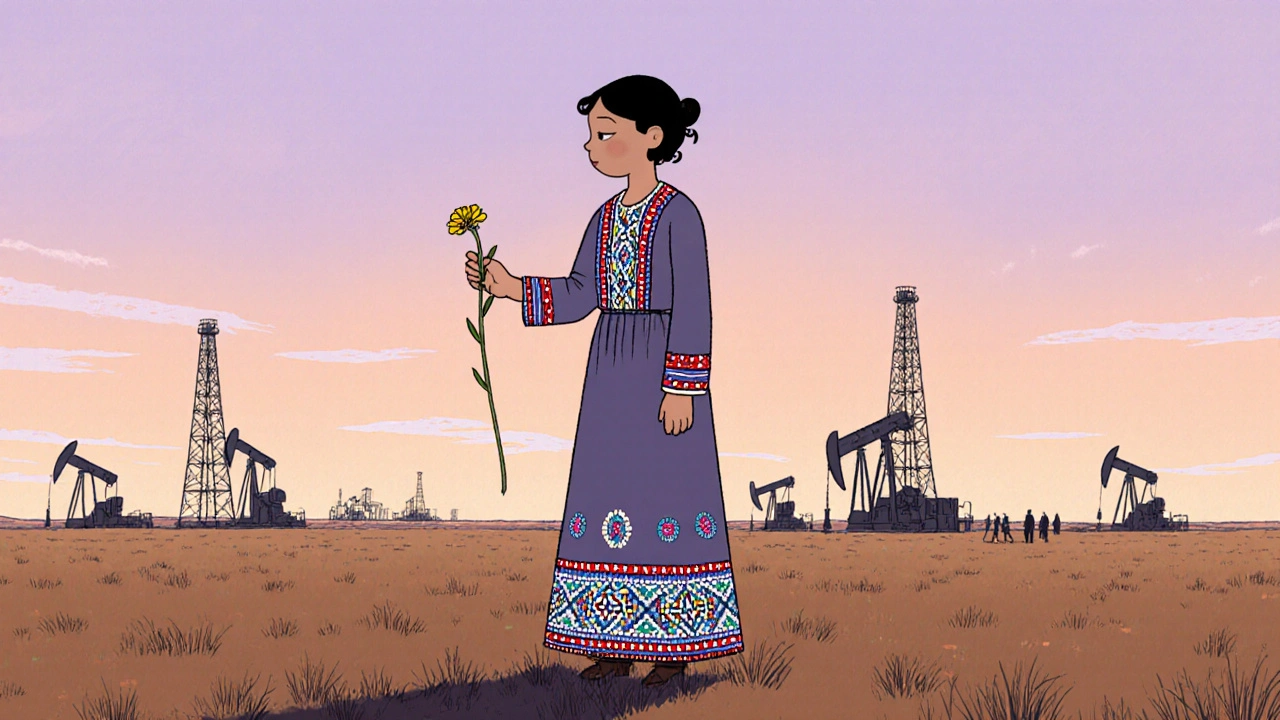 Mollie, geniş çayırlarda bir çiçeğe dokunurken, uzakta petrol kuleleri görülür.