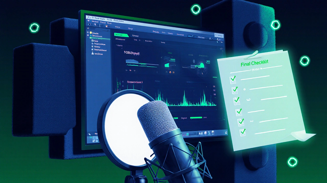 OBS ayarları, pop filtresi ve akustik panellerle birlikte ses kontrol grafiği.