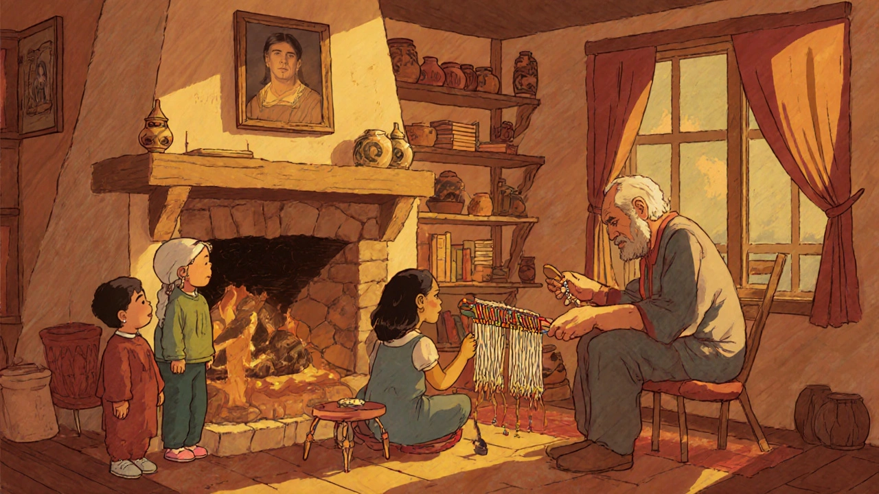 Osage kültürüne ait boncuk işi öğreten yaşlı bir erkek ve çocuk, sobanın yanında.