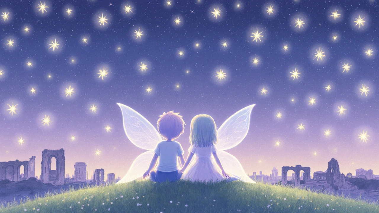 Ruhlar, ateş böcekleriyle dolu bir tepede, akşamın gölgelerinde oturuyor.