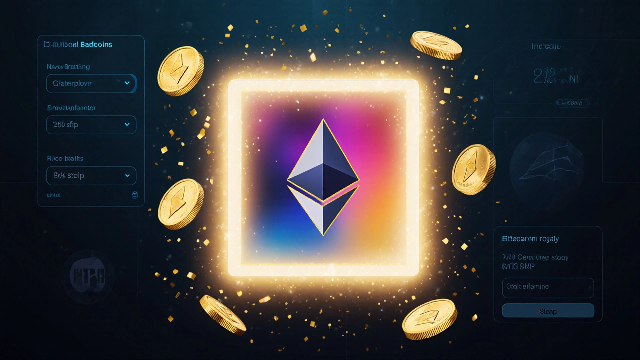 Sanal galeride sergilenen yeni mintlenmiş NFT, etrafında Ethereum paraları ve konfeti.
