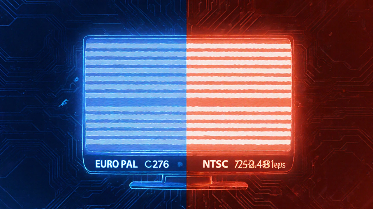 Sol tarafta PAL, sağ tarafta NTSC formatlarını gösteren bölünmüş illüstrasyon.