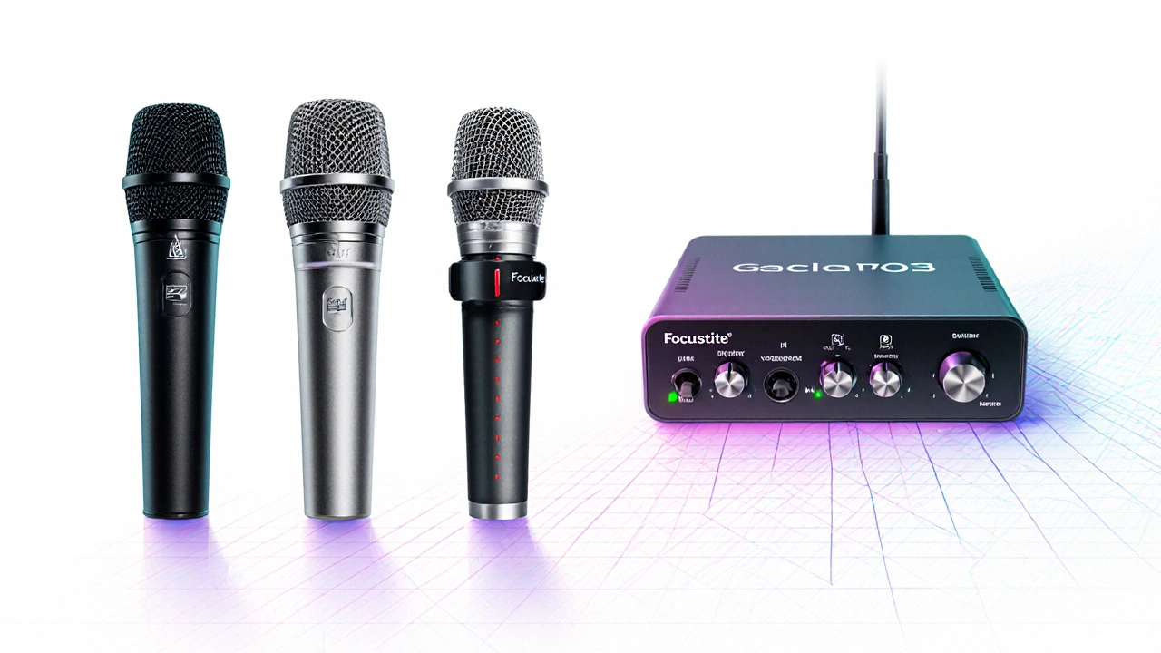 Üç mikrofon tipi ve bir ses arayüzünün yan yana gösterimi.