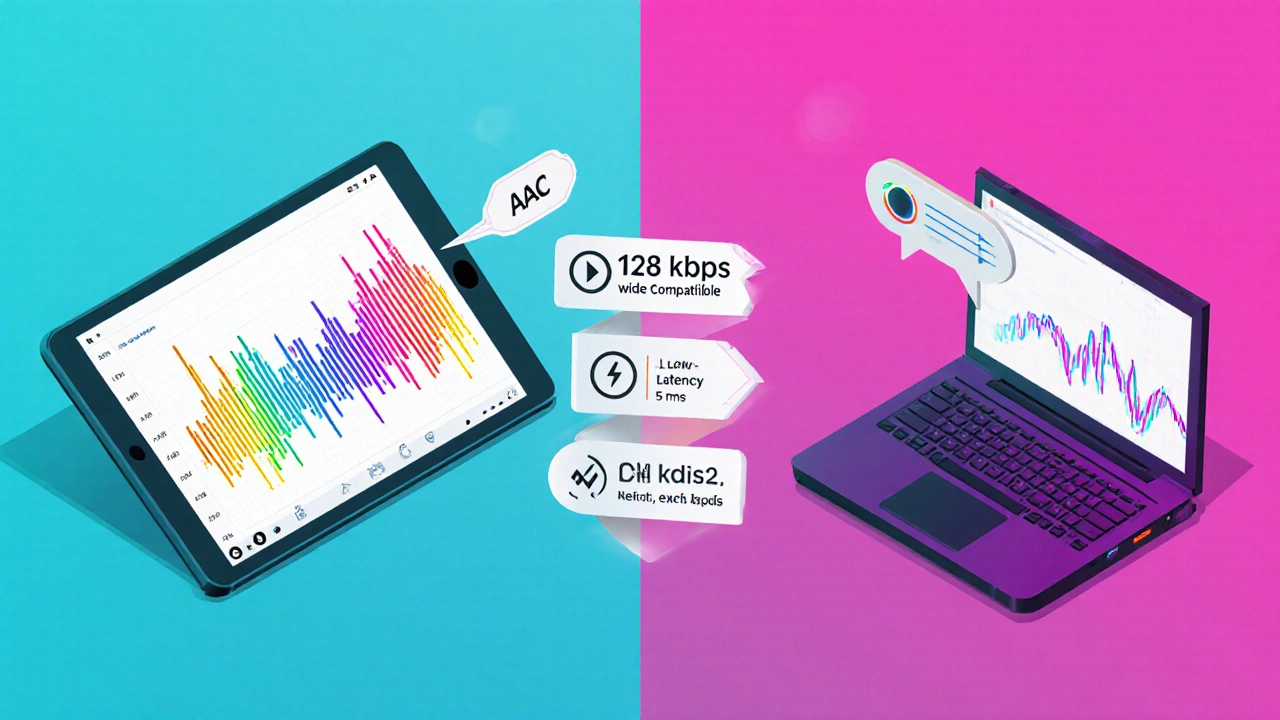 Yan yana AAC müzik akışı ve Opus sesli sohbet gösteren ayrıntılı cihaz sahnesi.