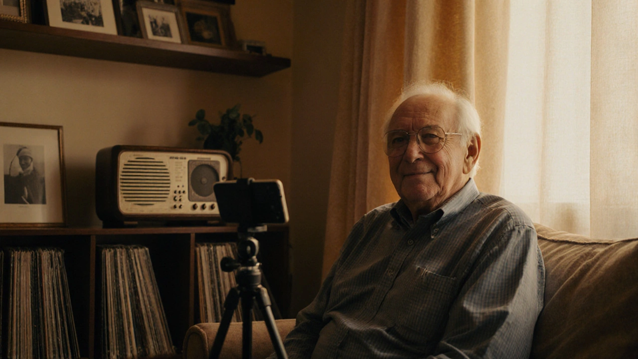 Yaşlı bir adam, eski radyo ve plaklarla dolu bir odada, telefonla tarihsel hikayeler anlatıyor.