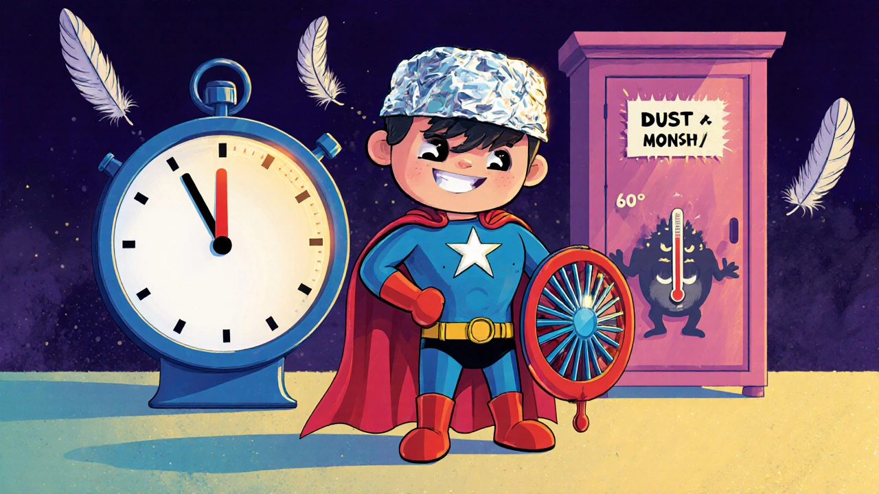 Alüminyum folyodan yapılmış bir şapka giymiş streaming cihazı, toz canavarını yenerken 60°C sıcaklıkla gururla duruyor.